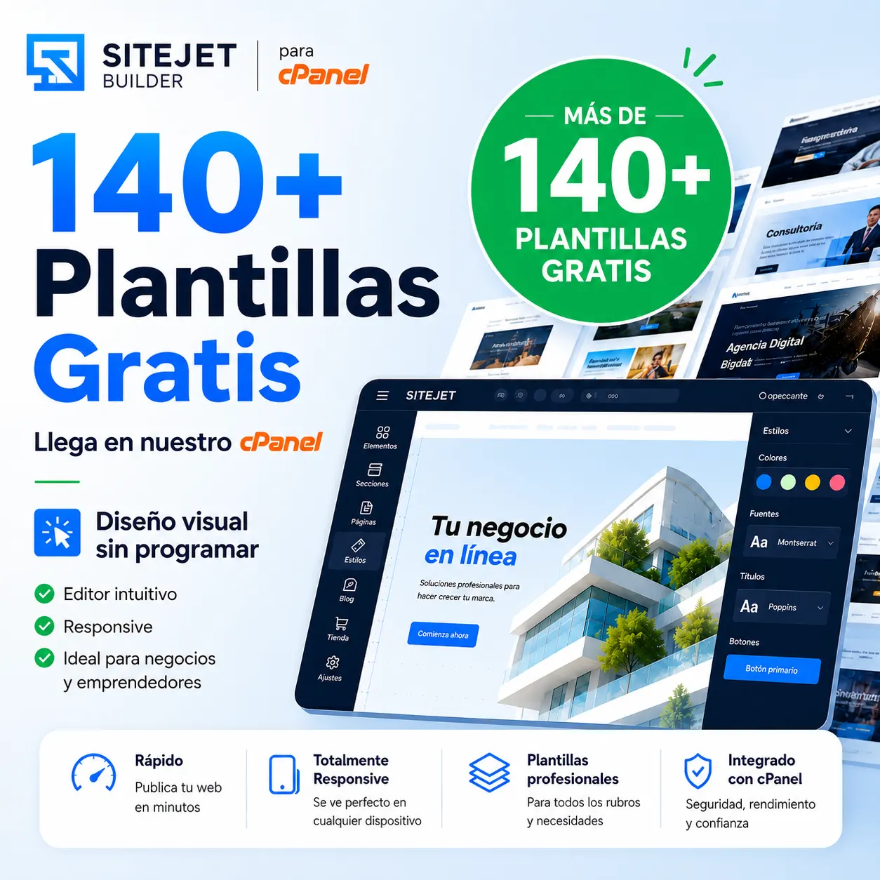 Sitejet Builder para cPanel con plantillas web profesionales